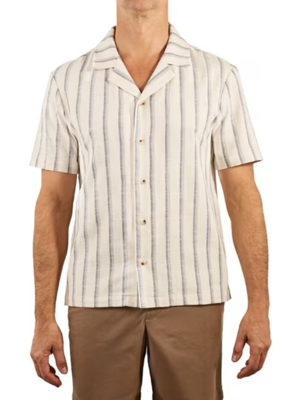 NWT Sperry Cream Short Sleeve Vertical Blue Stripe Camp Shirt Men's Size MEDIUM